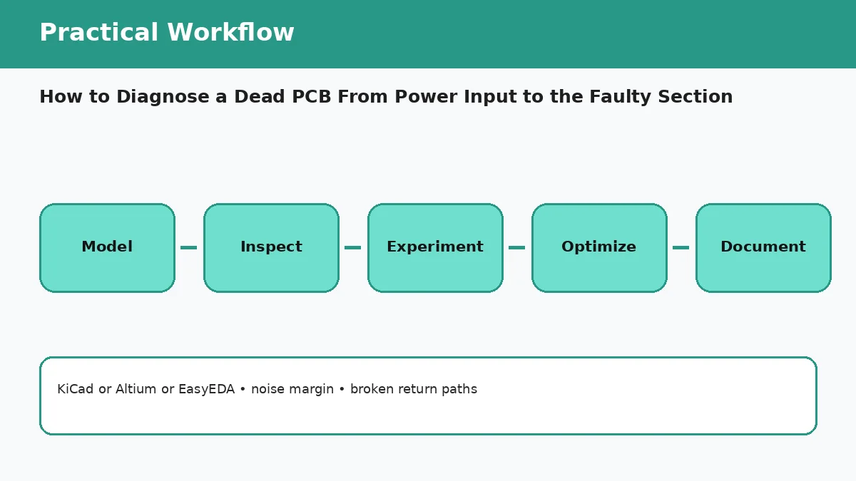 Dead PCB troubleshooting from power input through rails reset clock and faulty section